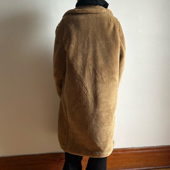 H&M Sz M Tan Brown Long Relaxed Button Front Faux Fur Coat - Picture 2 of 15